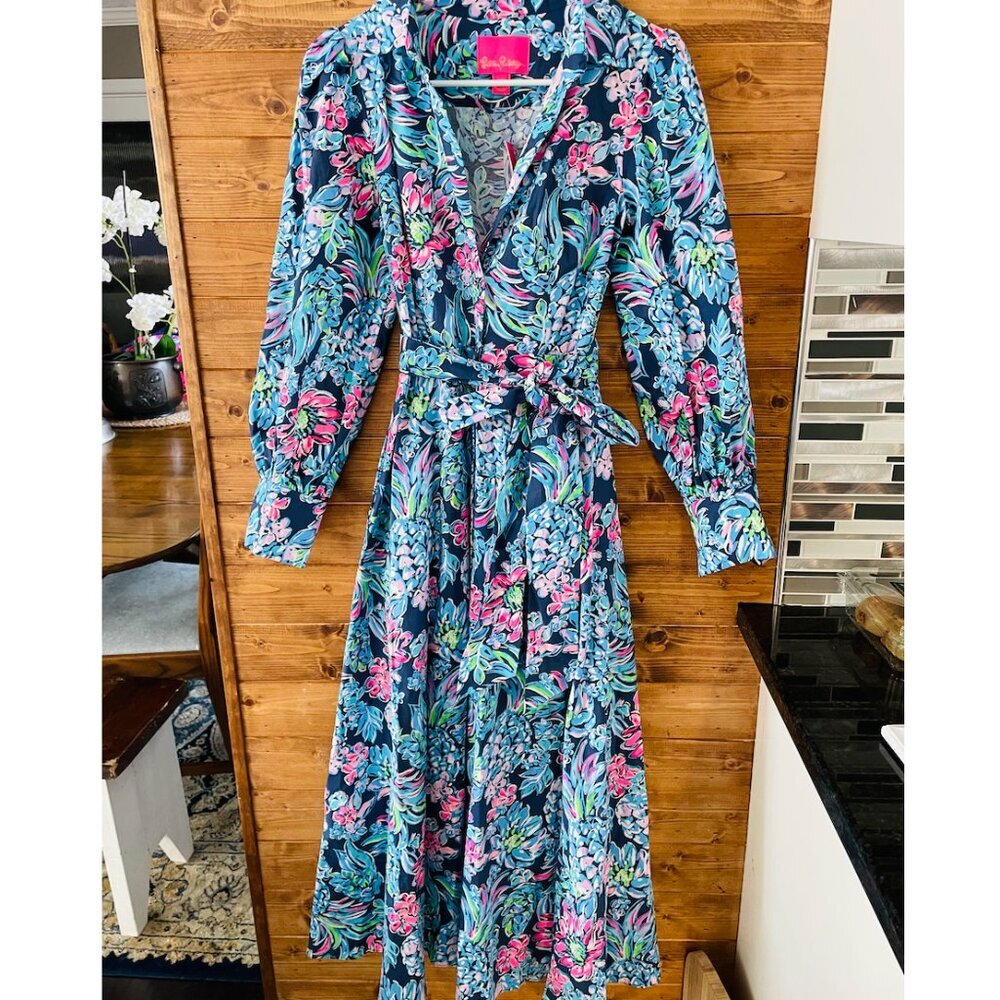 Mira Stretch Midi Shirt Dress High‎ Tide Navy Pineapple Paradise Lilly Pulitzer